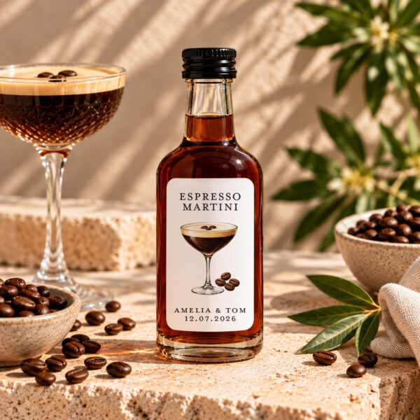 Personalised Espresso Martini wedding favour labels for mini bottles