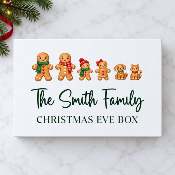 Personalised gingerbread family Christmas Eve box stickers, including pets. Choose from three sizes and finishes, with an optional white magnetic gift box.