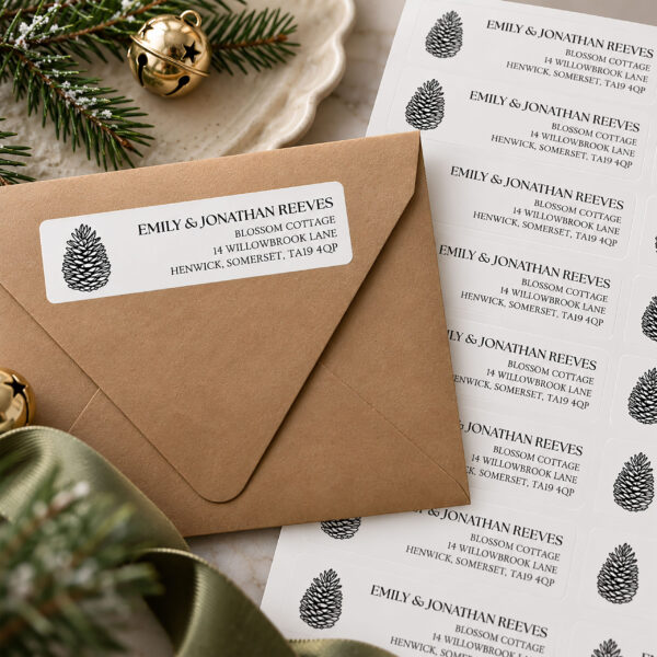 Personalised return address labels with pinecone design on matte white vinyl, shown on a kraft envelope with matching label sheet.